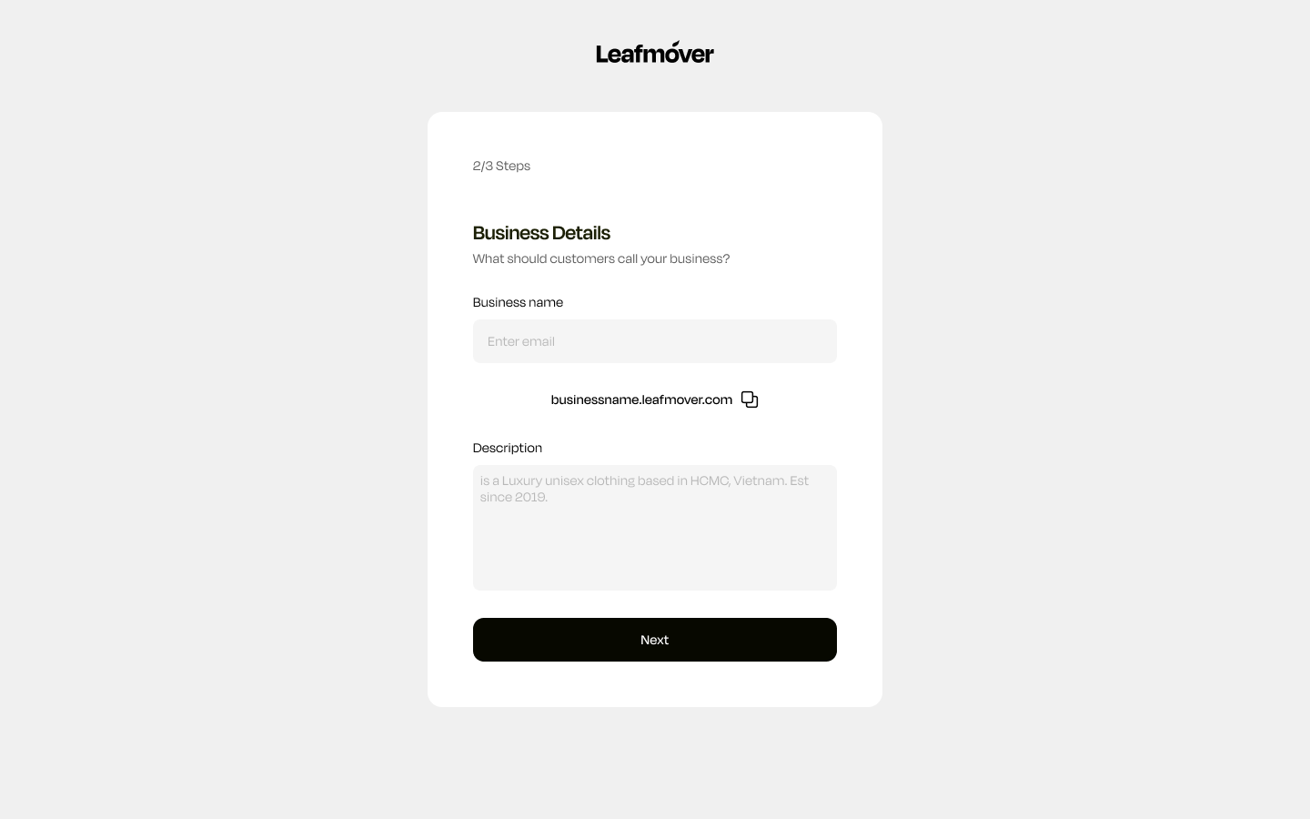 Leafmover onboarding step asking a creator to name and describe their business