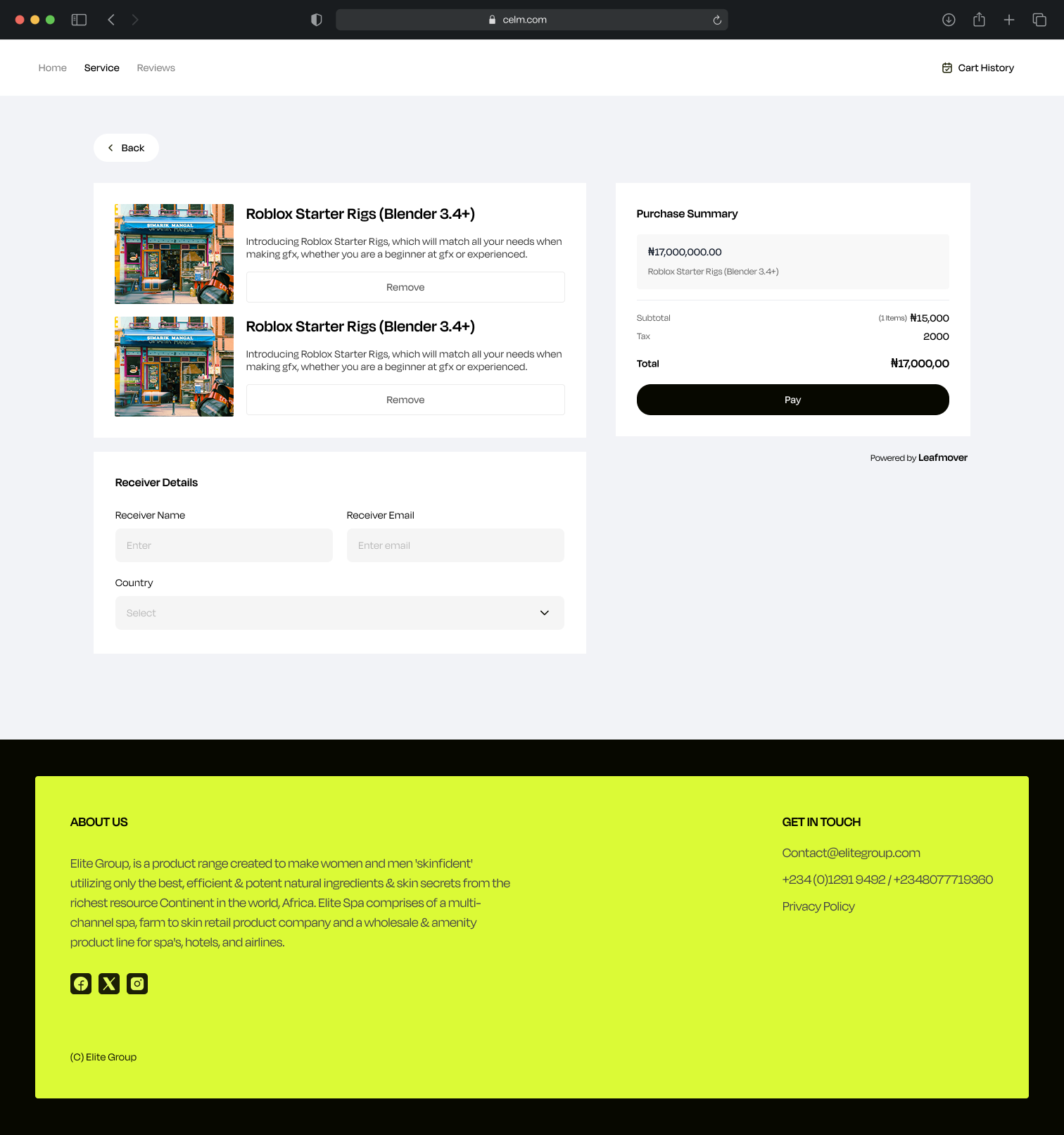 A Leafmover-powered storefront checkout screen