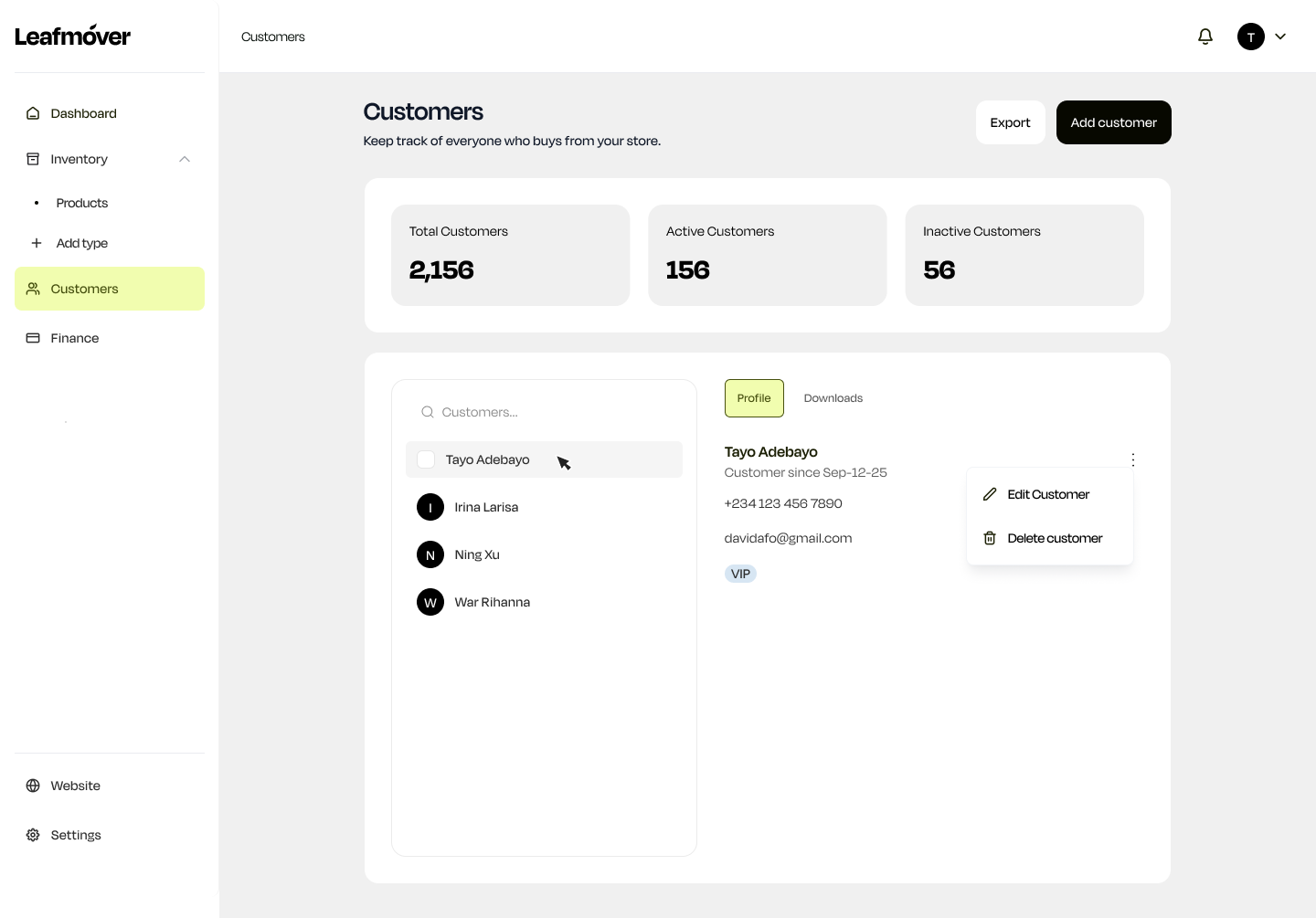 Leafmover customers page showing a creator's customer relationships