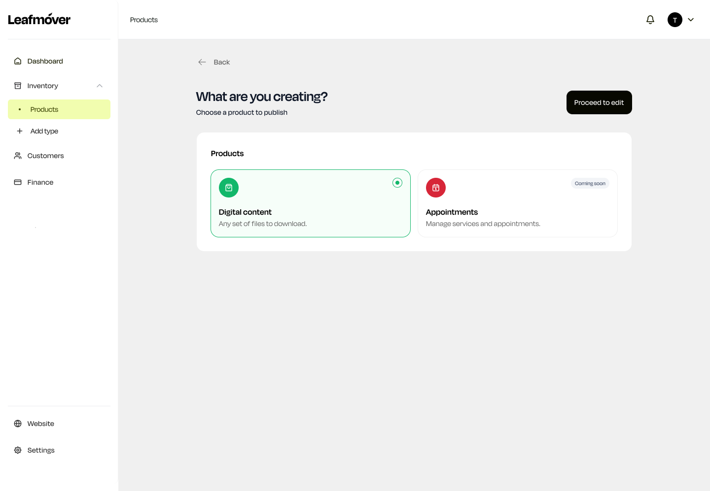 Leafmover product type picker — digital content or appointments