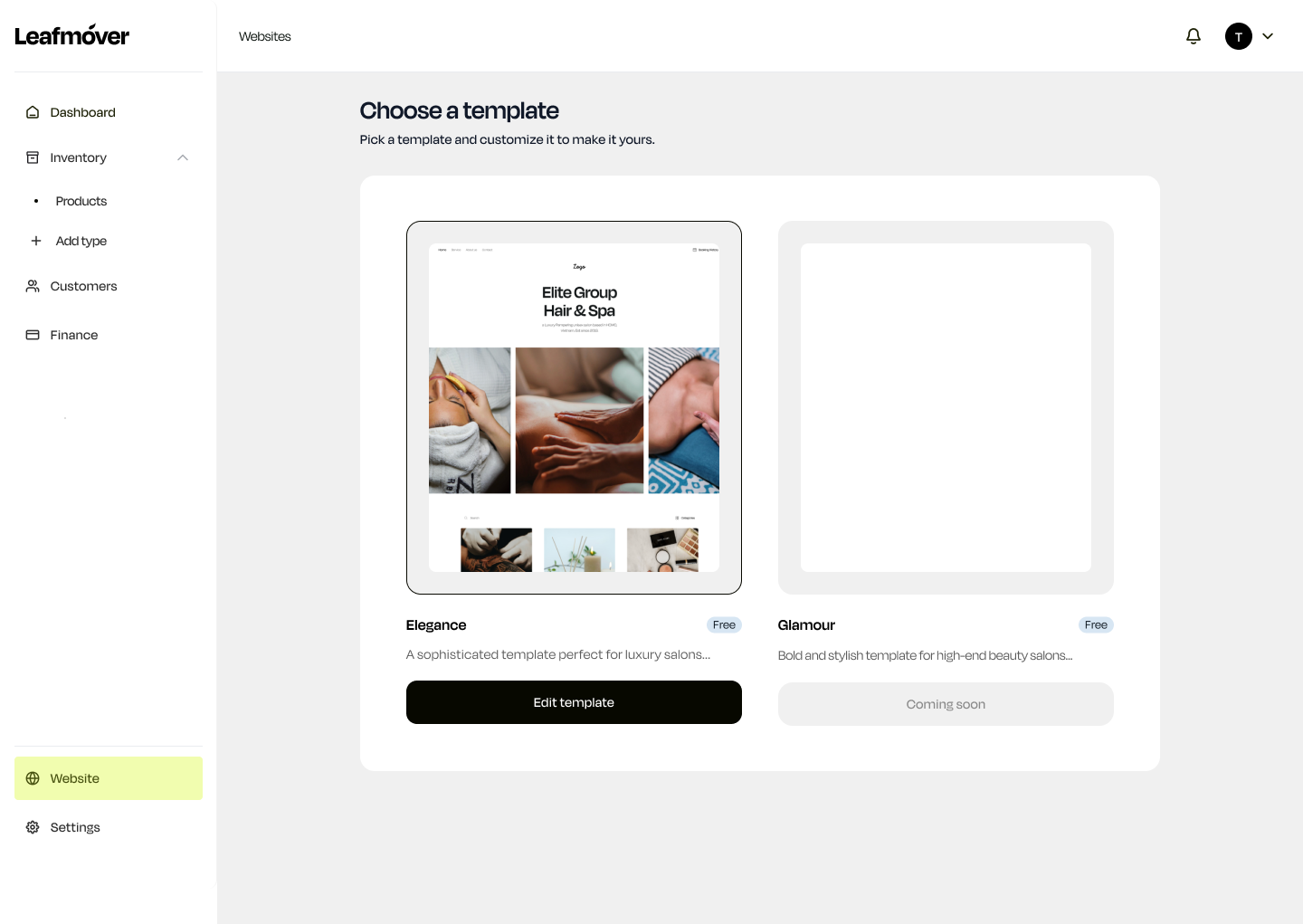 Leafmover template picker for building a website