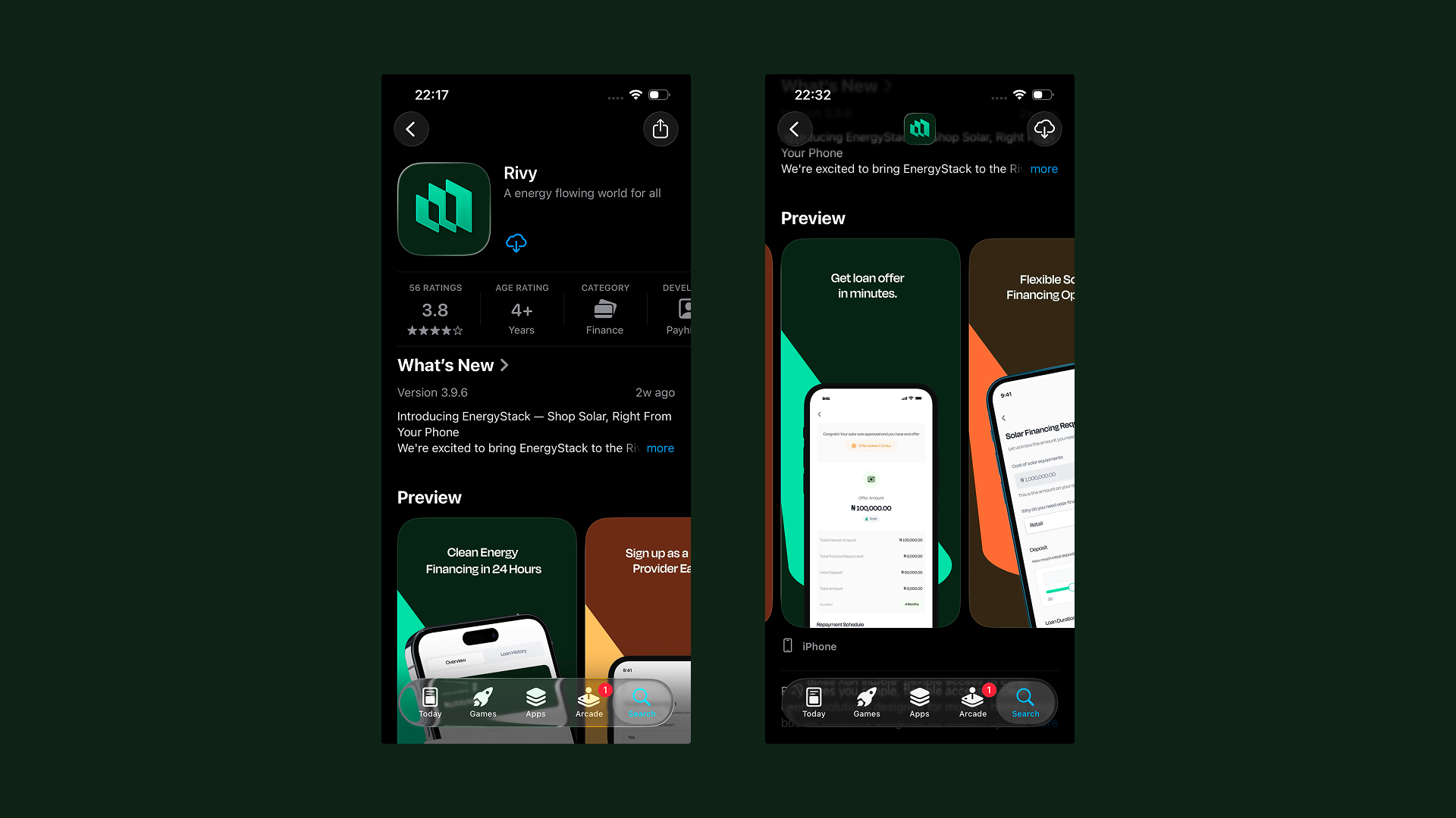 Rivy app store listing showing financing offers and EnergyStack storefront screens